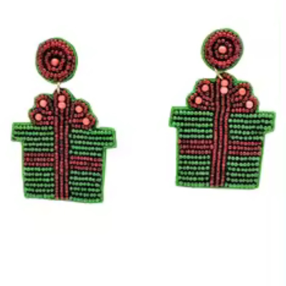 Christmas Gift Box Beaded Dangle Earrings